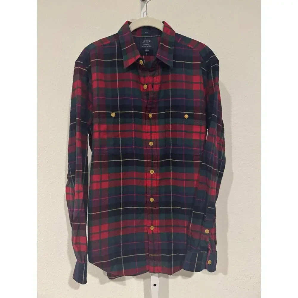 J. Crew Shirt Mens Medium Red Gray Mid-Weight Flannel Slim Cotton Lumberjack